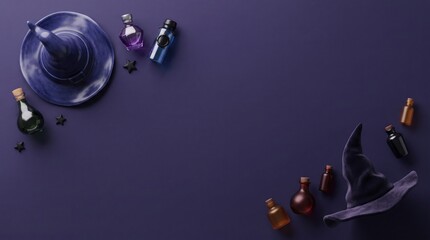 Fototapeta premium Dark purple Halloween background with witch hats and glass potion vials in opposite corner arrangement
