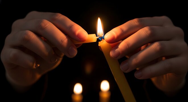 Person lighting a candle from another flame in a dark room for ritual