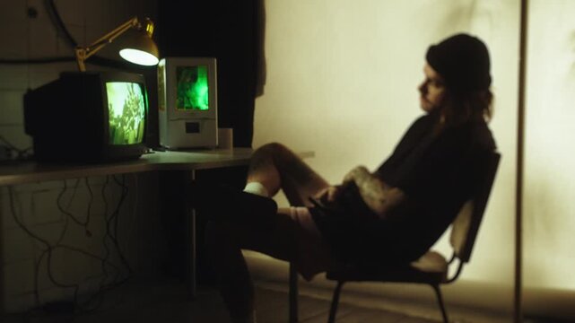 Young tattooed man in a dark room watching old retro television and computer monitors with green light