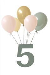 Naklejka premium Minimalist Festive Number Collection With Pastel Party Balloons Celebrating Number Five Concept Card
