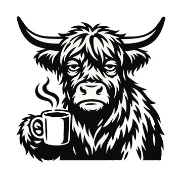 Fluffy highland cow holding steaming coffee mug black and white vector graphic