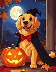Fototapeta premium Golden retriever in Cute Dracula Costume Beside Jack-o'-Lantern on Halloween Porch
