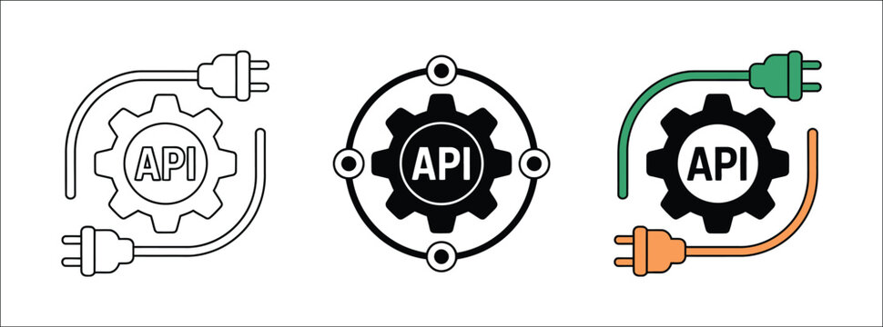 API connection plug icon set, software integration and connectivity symbols, application programming interface concepts, digital linking and technology vector design