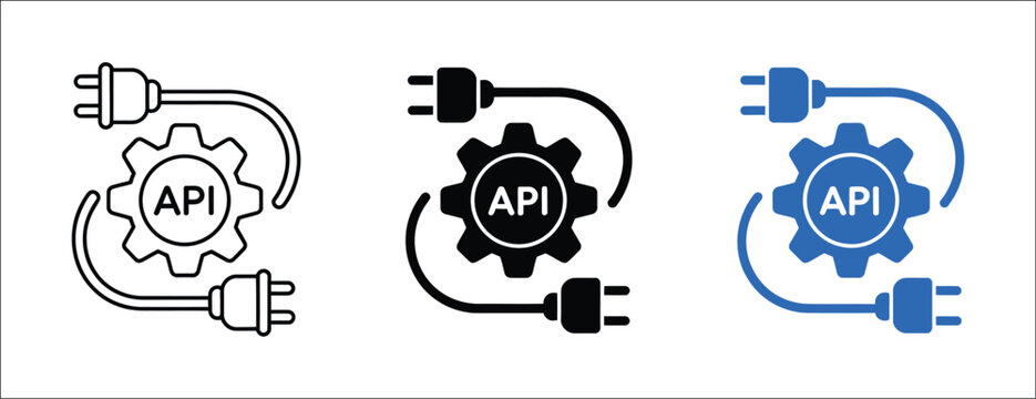API connection plug icon set, software integration and connectivity symbols, application programming interface concepts, digital linking and technology vector design