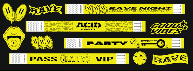 Naklejka premium Set of trippy wristbands with psychedelic smiles isolated on black. Vector illustration of yellow rave party stickers with retro vibe icons, vibrant vip admission badges for concert, cool music event