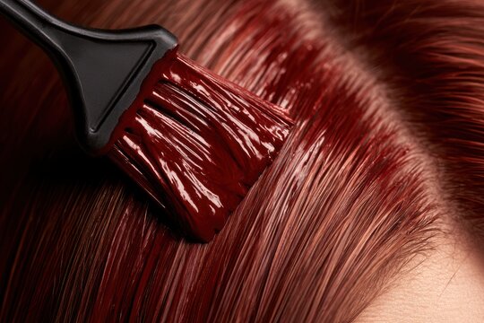 Hairdresser applying vibrant red dye on a client's hair with a brush