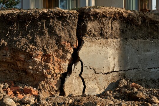 Ground cracking due to earthquake damage, showing a destroyed concrete wall and soil