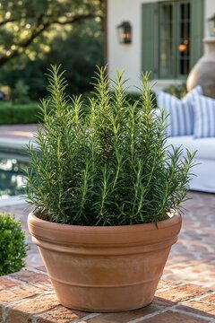 Closeup of lush rosemary plant in terracotta pot on a Spanish Revival villa patio, soft morning light illuminating the vibrant green leaves