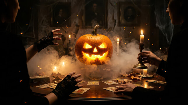 Glowing jack o lantern surrounded by swirling smoke and mysterious hands during a dark Halloween ritual with candles, creating spooky magical atmosphere of autumn mystery and supernatural celebration