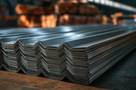 Stacked corrugated metal sheets for roofing and construction in a warehouse