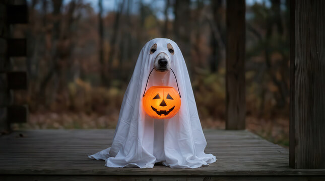 Halloween dog wearing a white ghost costume and holding a glowing jack o lantern while sitting on a wooden deck in an autumn forest, creating a cute spooky scene with mysterious seasonal magic