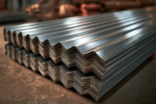 Corrugated metal sheets are stacked, ready for construction or roofing projects