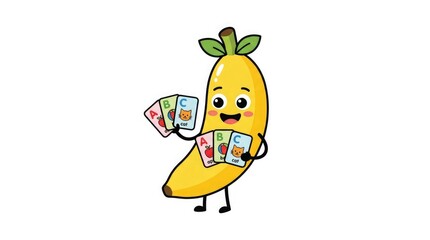 Naklejka premium Cute banana cartoon character holding alphabet cards