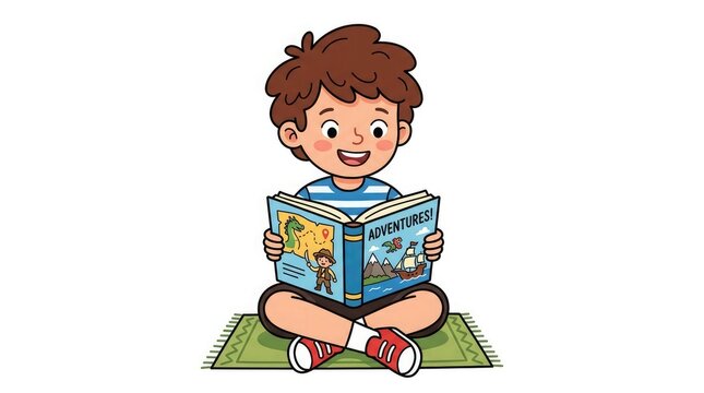 Happy boy reading an adventure book isolated on white background