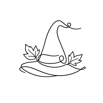 Witch hat with autumn leaves continuous line art, pointed cap with maple foliage vector icon, Halloween headwear logo and cozy fall poster print