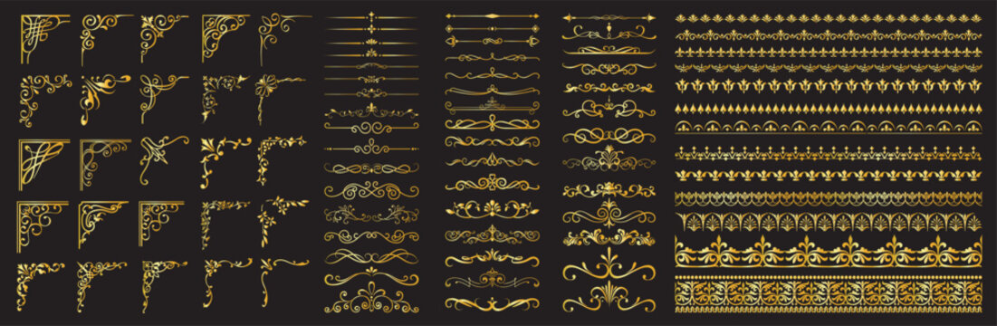 Luxury Gold Vintage Corner Flourishes and Dividers Set, Golden Page Borders, Filigree Swirl Corners Vector for Wedding Invitation and Certificate Design
