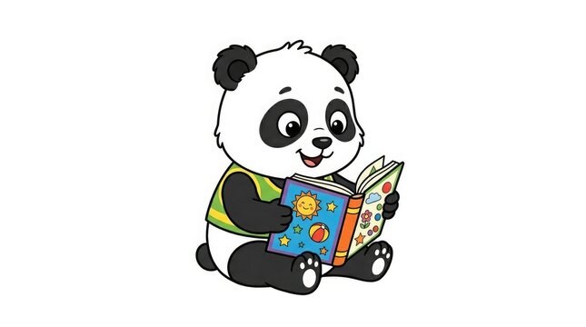 Cute cartoon panda reading a colorful book isolated on white background