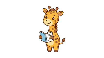 Fototapeta premium Cute cartoon giraffe holding a notebook and pencil
