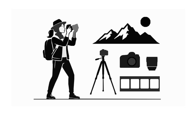 World Photography Day silhouette vector with photographer camera and tripod