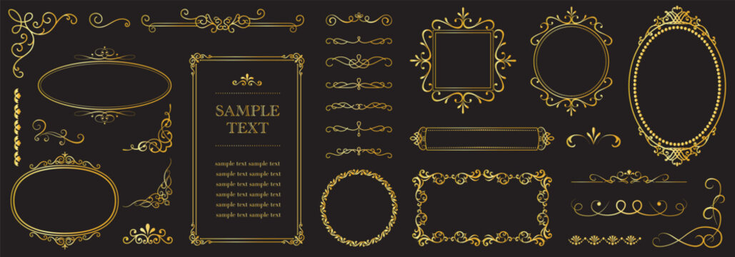 Luxury Gold Vintage Frames Set on Black Background, Golden Calligraphic Borders, Filigree Corners and Dividers Vector for Certificate and Invitation Design