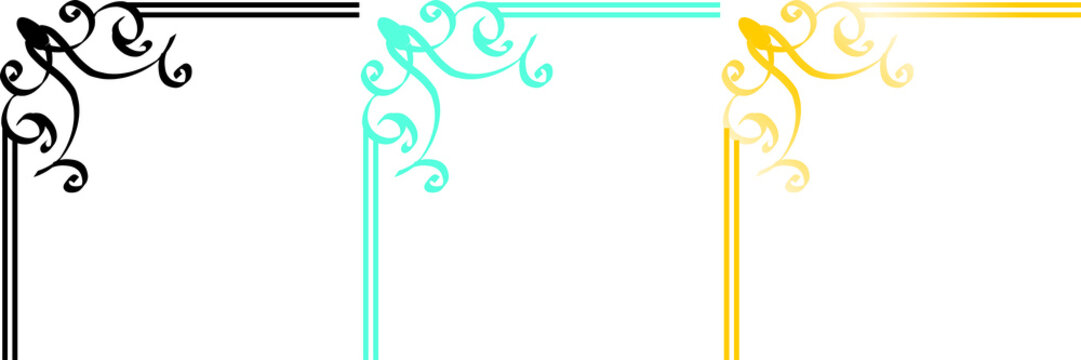 Set of three elegant vintage decorative corner frames in different colors
