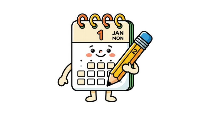 Cute calendar character holding a pencil isolated on white