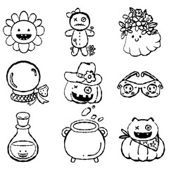 Fototapeta premium set of Halloween, coloring alphabet for kids, Coloring book, png Halloween, Various types of Halloween, happy ghost, 31 October, 90s, 80s, 70s, cute Halloween, pumpkin vine, sticker for t shirt