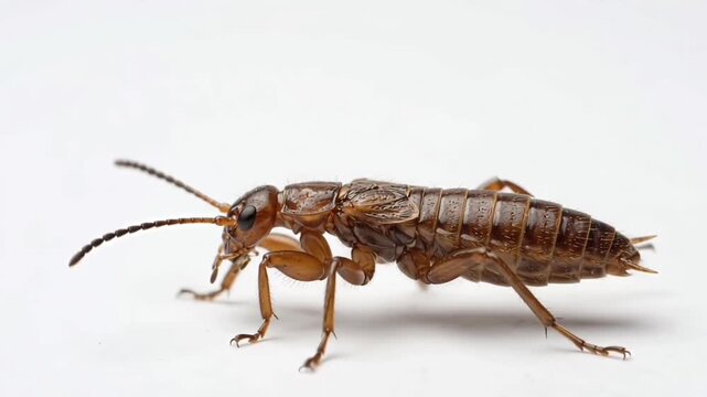 Close-up profile shot of an earwig insect standing isolated on a clean white background