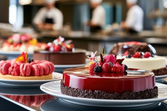 Elegant assortment of beautifully decorated gourmet desserts displayed on plates in a professional kitchen with pastry chefs in the background