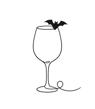 Spooky Halloween beverage glass decorated with flying bat silhouette for gothic October party design, minimalist continuous line art element