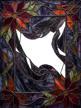 Stained glass flower frame in purple, red and green glass