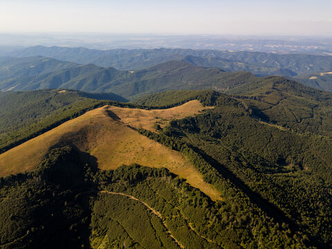 Aerial View of Balkan Mountains Ridges in Stara Planina Bulgaria at Hazy Sunset