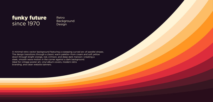 Vintage 70s curved stripe background with warm sunset color gradient sweep on dark backdrop. Vector illustration.
