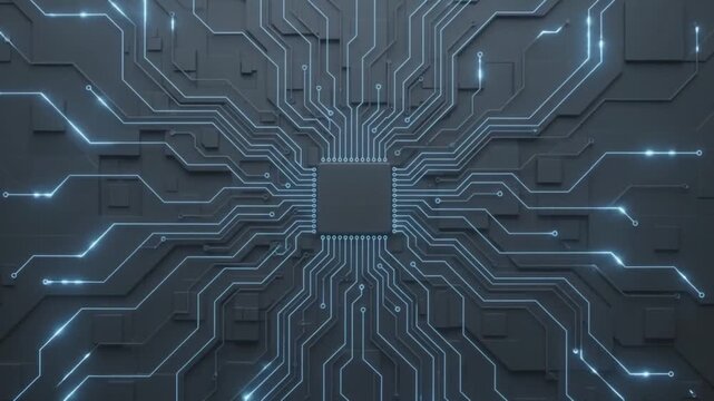 Glowing blue digital fingerprint transforming into a microchip on circuit board for biometric security concept
