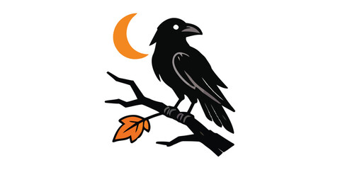 Fototapeta premium Halloween black crow raven on branch moon sticker vector