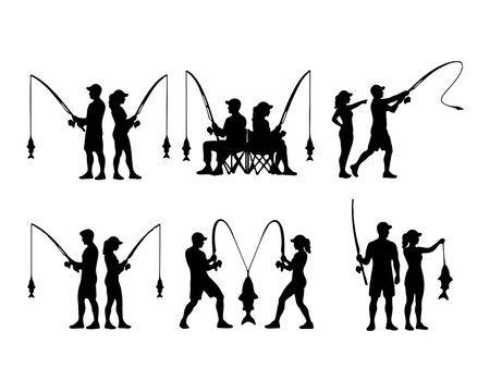 Fishing Rod Silhouette Bundle &ndash; 18 Black Vector Designs of Men, Women and Couples Fishing