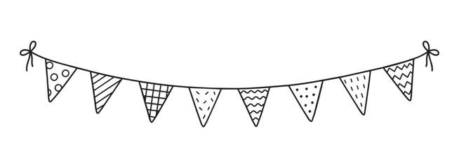 Naklejka premium Hand drawn bunting banner with patterned pennants in doodle outline style, curved string and bold black linework for playful party decoration, cards, crafts, festive designs