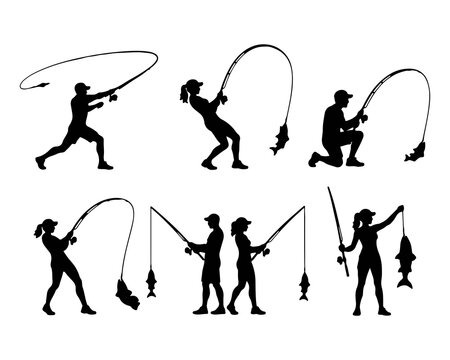 Fishing Rod Silhouette Bundle &ndash; 18 Black Vector Designs of Men, Women and Couples Fishing