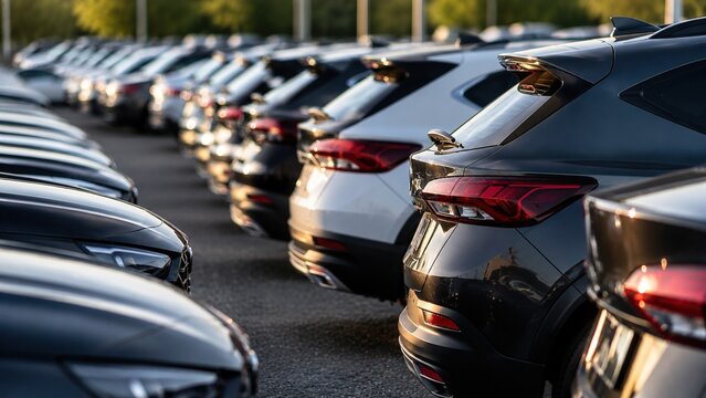 Modern vehicle inventory in outdoor car lot with rows of automobiles representing dealership sales, fleet supply and automotive market.