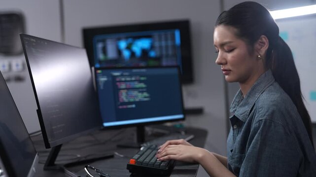 Asian female software developer coding on multiple monitors in a dark office. Smiling woman programmer working on IT systems. Corporate technology diversity and cybersecurity data development concept