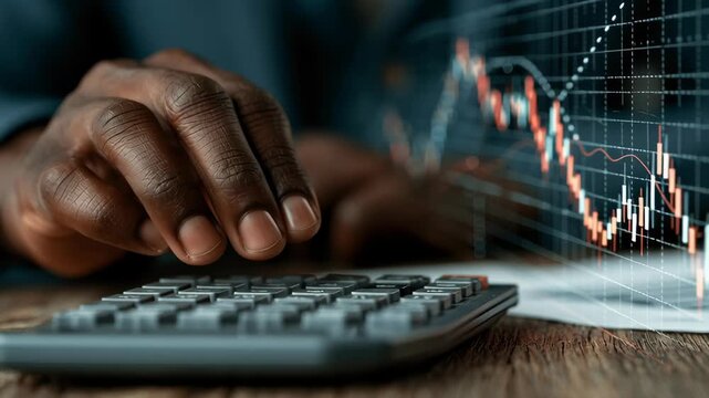 Financial Analysis in Focus: A close-up shot captures a person's hands using a calculator, with a stock market graph overlaid, signifying financial analysis and economic trends.