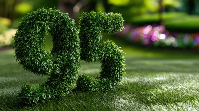 Sculpted green plants shaped as the number ninety-five standing on lush grass in a sunlit garden with vibrant flowers in the background