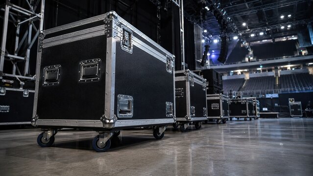 Professional flight cases backstage at large arena used for transporting stage, audiovisual, lighting and technical event equipment.