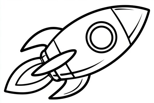 Black outline illustration of a cartoon rocket ship iconIsolated monochrome style space emblem.