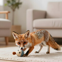 Naklejka premium Pet fox playing with toy, domestic wildlife and animal companionship concept, young red fox having fun with plush ball on living room carpet at home