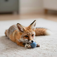 Fototapeta premium Pet ownership and animal companionship, cute red fox playing with a small blue toy ball on a soft rug in a cozy home interior with blurred background