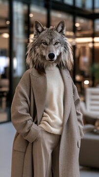Contemporary business professional with a wolf head wearing stylish beige coat and cream sweater standing confidently in modern office environment
