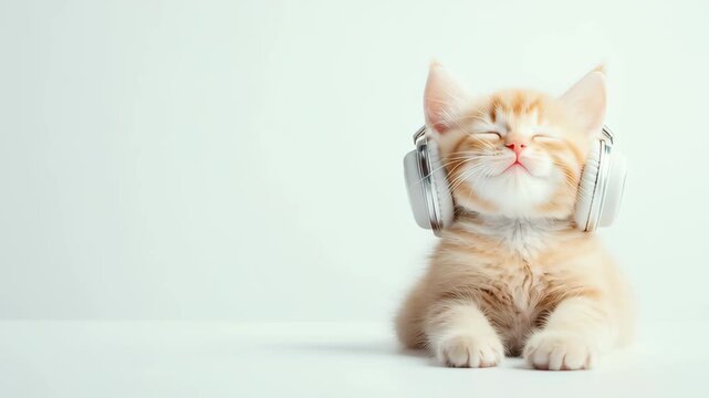 Melodious Moment: A cute ginger kitten relaxes with eyes closed, completely absorbed in the music playing through its headphones, embodying pure bliss and a love for sound.