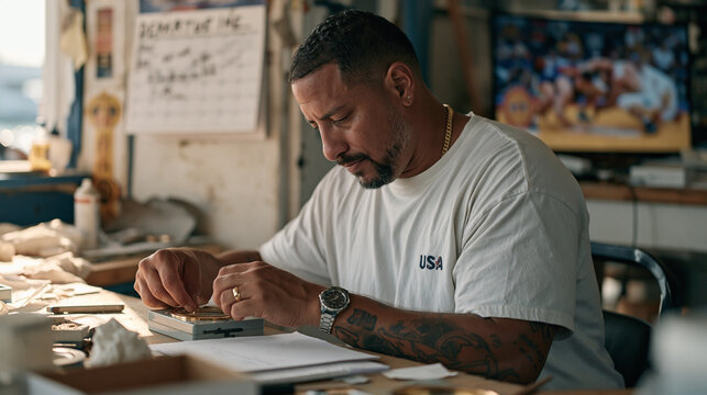 A marine navigator reassembling a compass housing after cleaning in a modest waterfront home, a calendar marked with a departure deadline on the wall, the sambo wrestling match