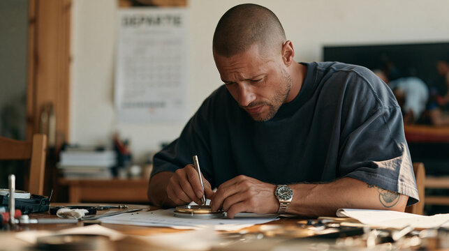 A marine navigator reassembling a compass housing after cleaning in a modest waterfront home, a calendar marked with a departure deadline on the wall, the sambo wrestling match